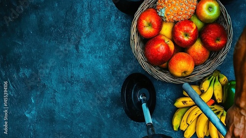 Healthy fruits and weights on a dark surface. photo
