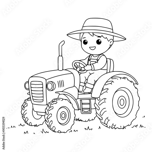 cartoon of farmer and tractor coloring page illustration