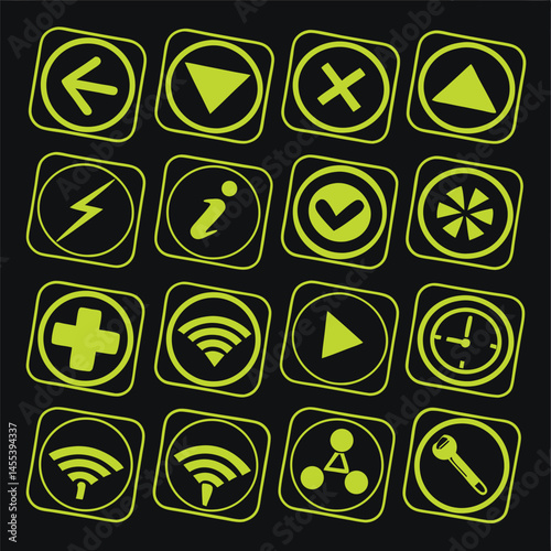 Green Neon Circular Icon Set – UI Symbols on Dark Background