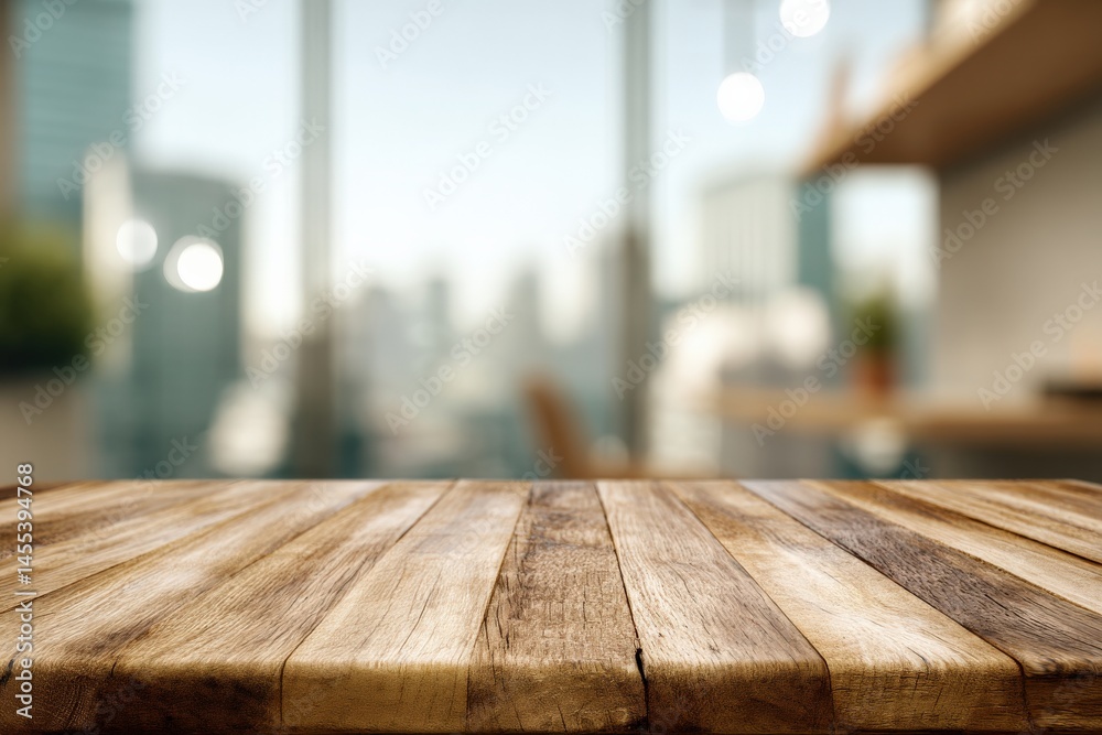 Rustic wooden table against a blurred city backdrop. Rustic wooden table against a blurred city backdrop.
