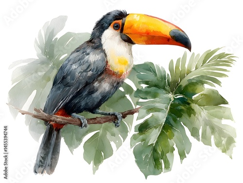 A vibrant watercolor painting depicts a toucan perched on a branch amidst lush tropical foliage, showcasing its colorful beak and plumage.