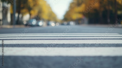 Crosswalk on Autumn Street: A close-up view of a pedestrian crossing on a city street during autumn, with blurred background of cars and golden foliage.
