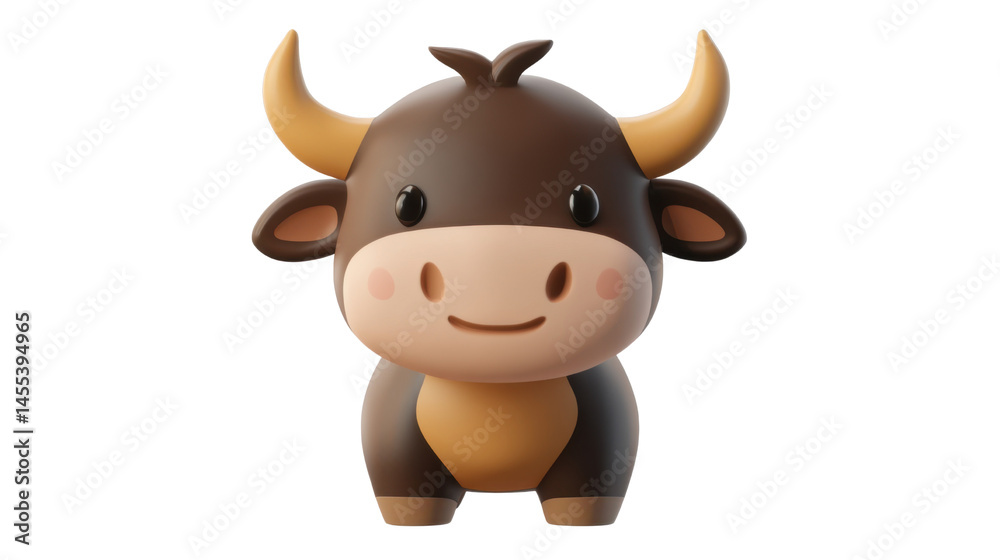 Fototapeta premium Adorable Cartoon Bull Figurine Isolated on White Background – Playful Farm Animal Character in Cute Decorative Style