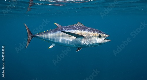 Majestic yellowfin tuna underwater ocean wildlife swimming scene sea fish blue fast deep image photo