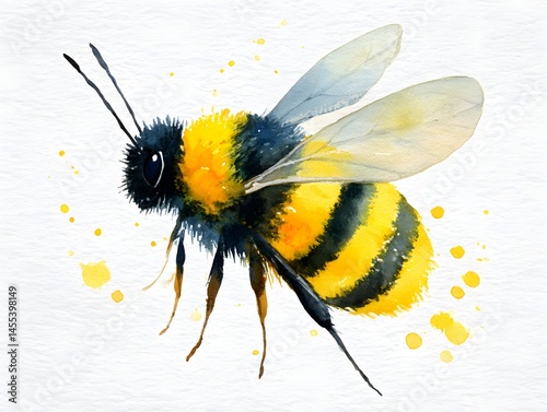 A vibrant watercolor painting depicts a detailed bumblebee in flight against a textured white background. photo