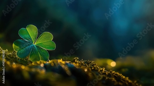 Close-up of a vibrant four-leaf clover on mossy ground.