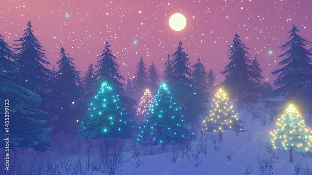 Fototapeta premium Magical Winter Forest at Night with Illuminated Trees