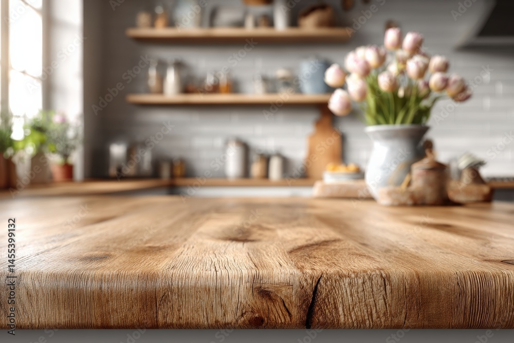 Rustic kitchen table with blurred background. Perfect for product placement or food photography. Rustic kitchen table with blurred background. Perfect for product placement or food photography.