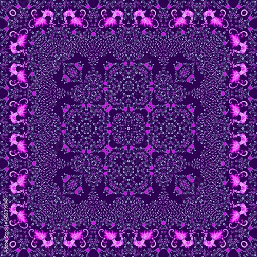 Beautiful pattern with fabulous pink birds and tiny flowers on a deep purple background. Square rug or scarf in boho style. Ethnic motifs.