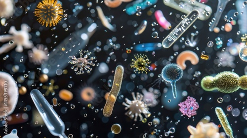 Vibrant Microscopic Organisms in Various Shapes and Colors Under Microscope