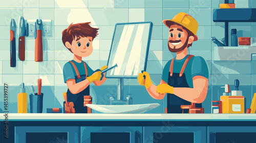 cartoon vector father and son working together