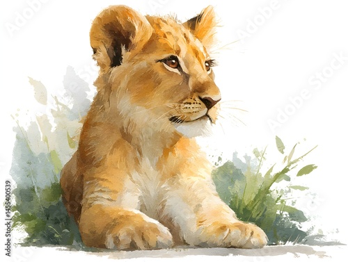 A cute lion cub rests peacefully amidst lush green grass in a watercolor painting style illustration.