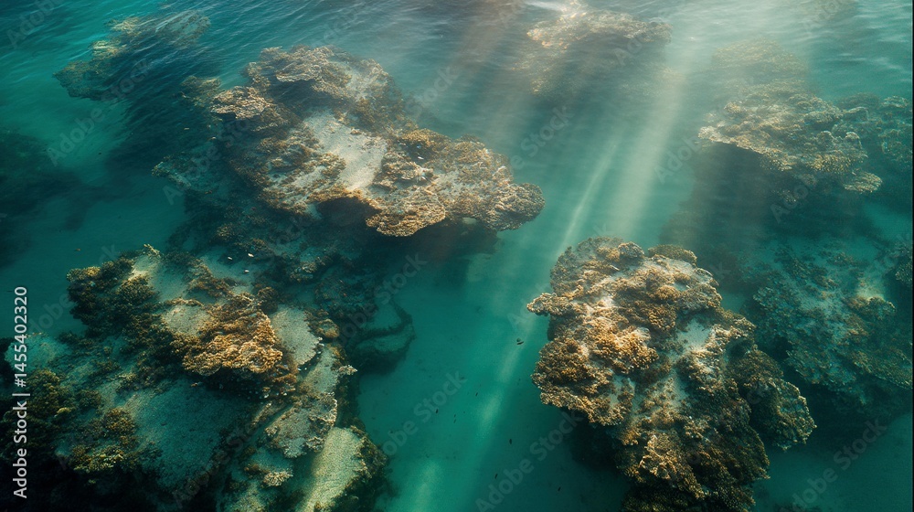 Underwater coral formations illuminated by sunlight. Underwater coral formations illuminated by sunlight.
