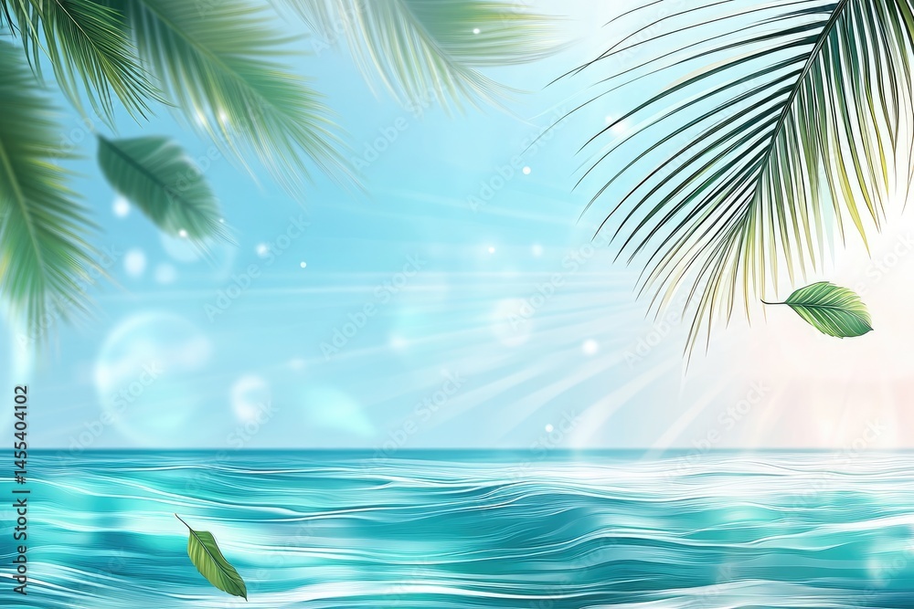 Tropical beach scene with vibrant palm leaves and turquoise ocean waves. Sunlight and bokeh effects create a serene summer atmosphere Tropical beach scene with vibrant palm leaves and turquoise ocean waves. Sunlight and bokeh effects create a serene summer atmosphere