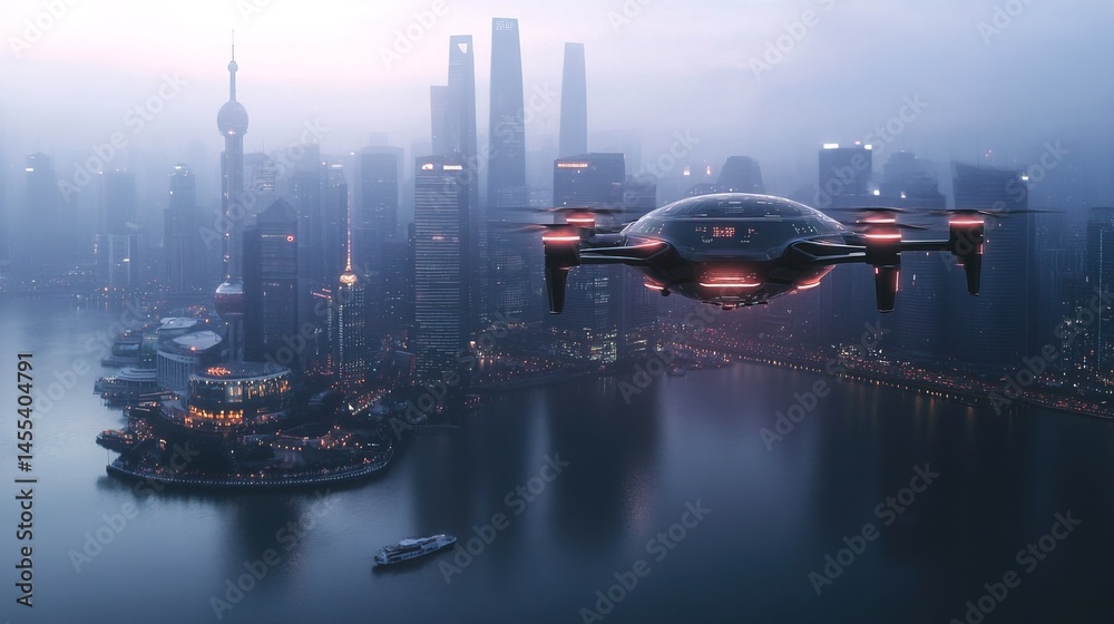 Fototapeta premium AI-powered surveillance drones flying over a smart city