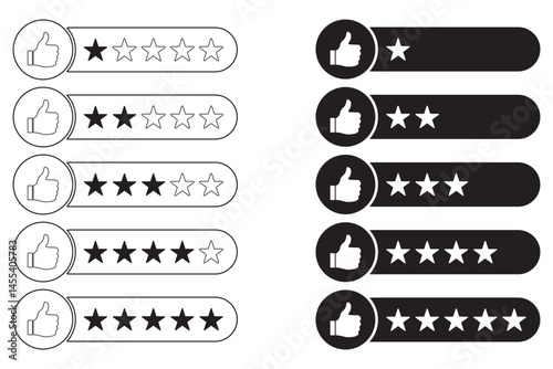 5 stars positive review. Rate icons set. Feedback icon collection. Concept of best ranking. Customer review. Good result. Star, envelope, smiling emoji, like thumb up and speech bubble eps 10