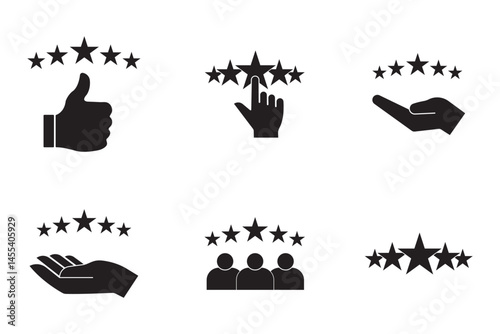 5 stars positive review. Rate icons set. Feedback icon collection. Concept of best ranking. Customer review. Good result. Star, envelope, smiling emoji, like thumb up and speech bubble eps 10