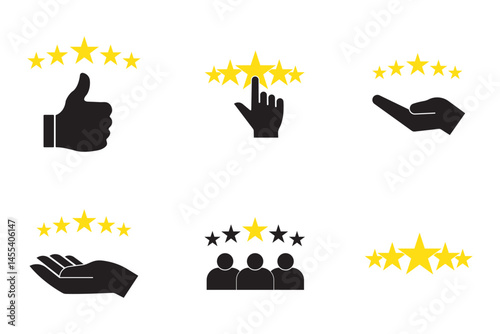 5 stars positive review. Rate icons set. Feedback icon collection. Concept of best ranking. Customer review. Good result. Star, envelope, smiling emoji, like thumb up and speech bubble eps 10