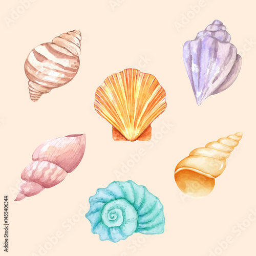 Watercolor shell Illustration set of Cute Sea Animals collection