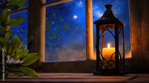 Starry night view through window with decorative lantern.