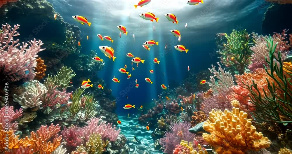 Vibrant underwater scene showcasing colorful coral reefs and tropical fish swimming gracefully