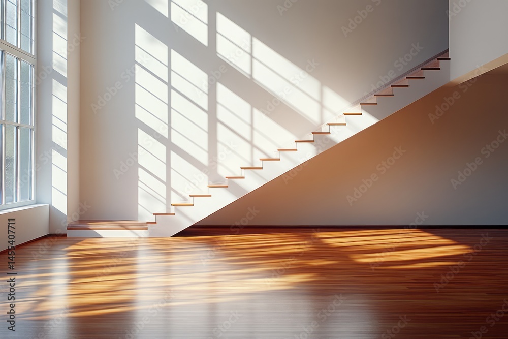 Obraz premium Sunlit interior staircase with hardwood floors.