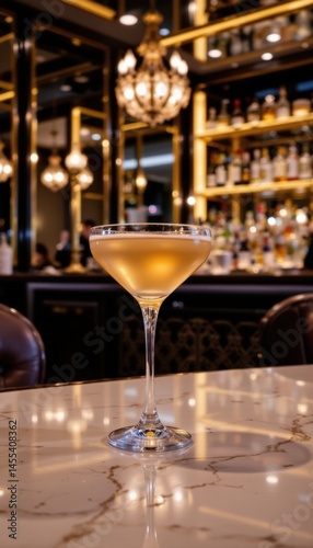 A golden cocktail elegantly sits atop a marble bar top, bathed in the soft glow of a chandelier in a sophisticated and upscale cocktail lounge setting now.