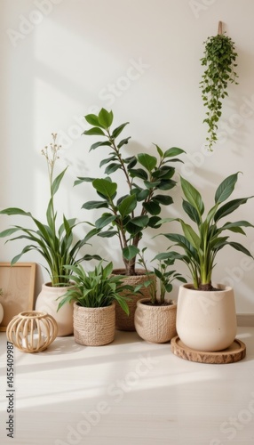 Indoor plants in various pots sit on a white floor near a white wall with sunlight streaming in, creating a calm and natural atmosphere in a modern home.