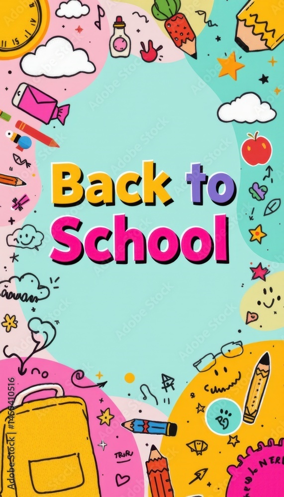 Fototapeta premium Bright and colorful back to school design features whical hand-drawn school supplies framing a pastel turquoise backdrop with cheerful typography in pink and yellow.