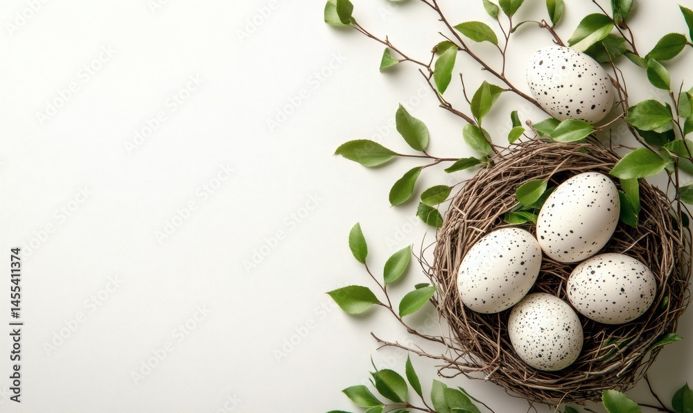 Fototapeta premium Elegant seasonal Easter still life with speckled eggs and fresh leaves arranged on clean modern white backdrop 