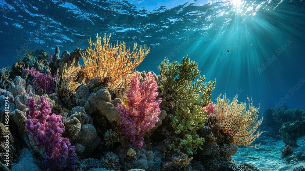 Fototapeta premium Vibrant coral reef flourishing underwater scene.