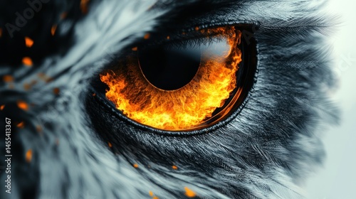 Close-up of a fiery owl eye.  Fierce, powerful, burning gaze.  Detailed texture of feathers