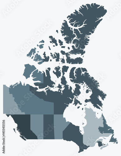 Map of Canada with provinces. A simple country border map with province divisions. Blue-grey color palette. Flat Canada shape with administrative division. Vector illustration.