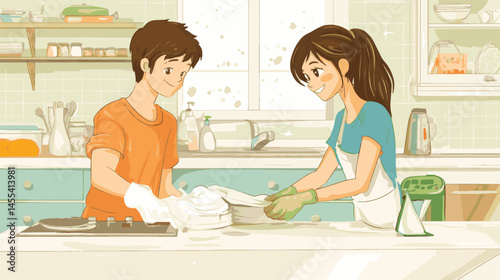 cartoon vector husband and wife washing dishes