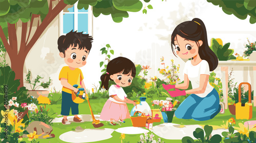 cartoon vector mother and daughter work together