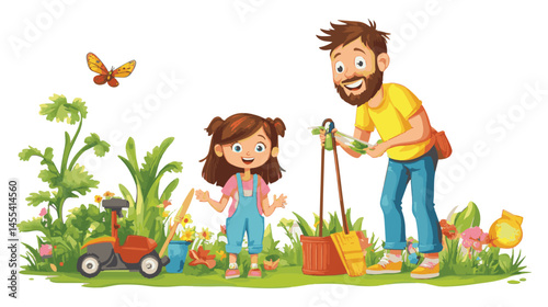 cartoon vector father and daughter work together