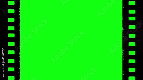  2d animated green screen film roll strips with black frame moving vertically up to down, background, old tv noise effect filter chroma key negative texture, motion design animation overlay alpha laye