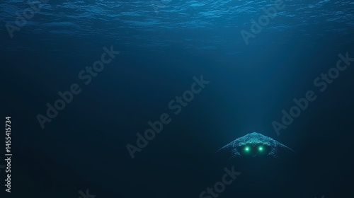 Mysterious underwater creature in dark deep ocean depths.
