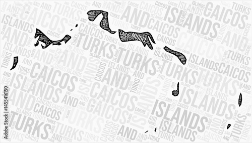 Turks and Caicos Islands regions map word cloud. Turks and Caicos Islands region names. Black and white map design. Beautiful vector illustration.