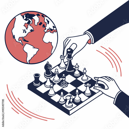 Chessboard globe under strategic hands, depicting business or political conflict, modern flat art