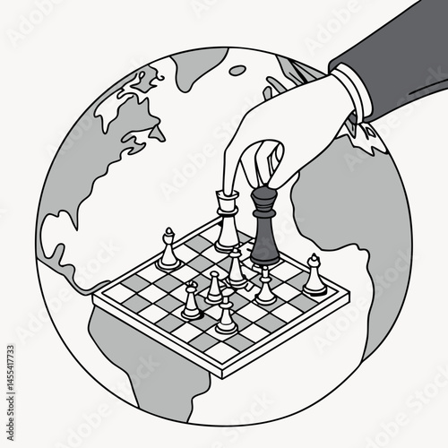 Chessboard globe under strategic hands, depicting business or political conflict, modern flat art