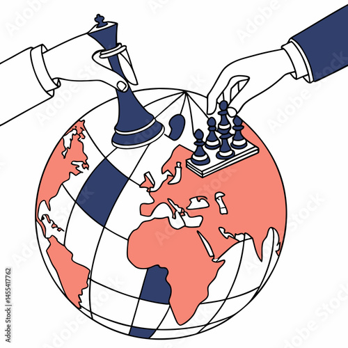 Chessboard globe under strategic hands, depicting business or political conflict, modern flat art
