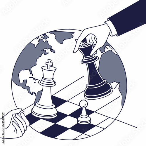 Chessboard globe under strategic hands, depicting business or political conflict, modern flat art