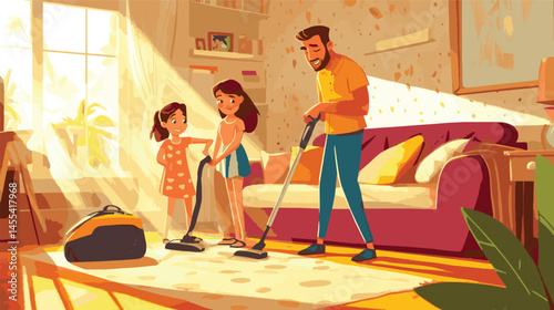 vector cartoon parent and son cleaning with vacum cleaner