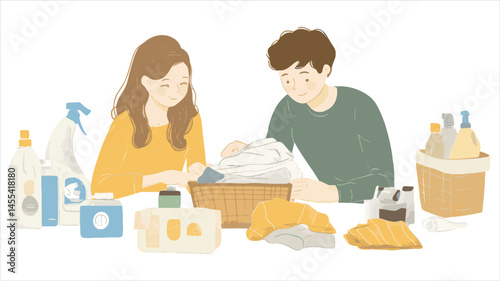 vector cartoon couple folding clothes illustration