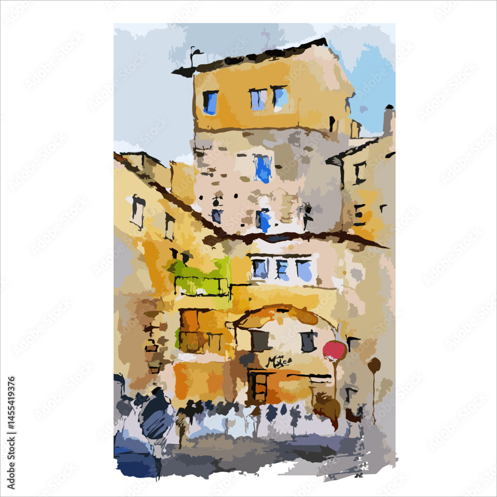 Watercolor and ink painting of a bright European plaza featuring the quaint cafe. Good for book illustration, poster, or postcard 