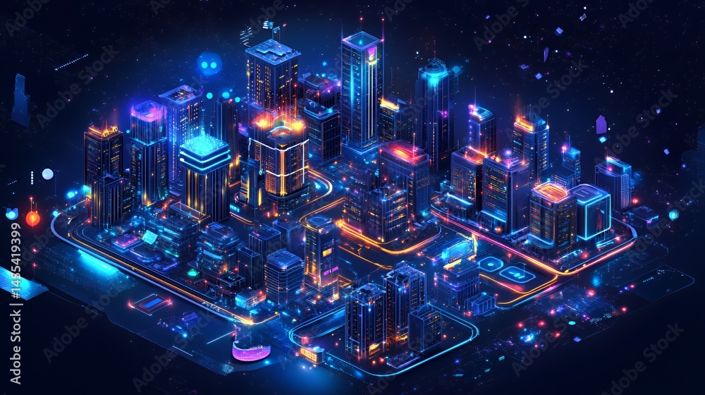 Obraz premium A vibrant futuristic cityscape illuminated with neon colors and dynamic lighting effects.