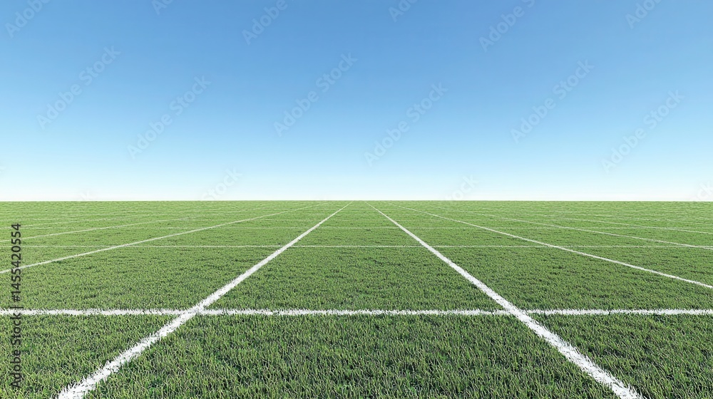 Fototapeta premium Expansive Green Field with White Lines Under Blue Sky