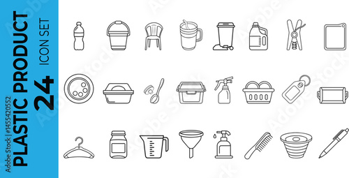 Plastic Product Icon Set  24 Line Art Icons Including Containers, Bottles, Cups, Utensils, and Daily Use Items for Packaging, Household, Kitchen, and Recycling Design Projects, vector and illustration