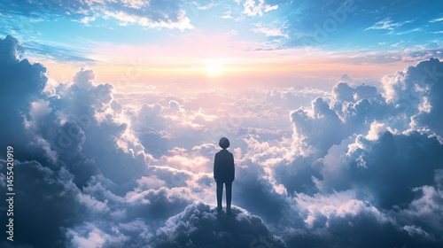 A silhouette of a person stands on clouds, gazing at a vibrant sunset sky.